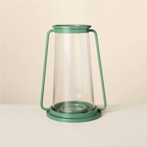 Hearth & Hand 12"x6" Pillar Glass & Metal Hurricane Candle Lantern Dark Green
